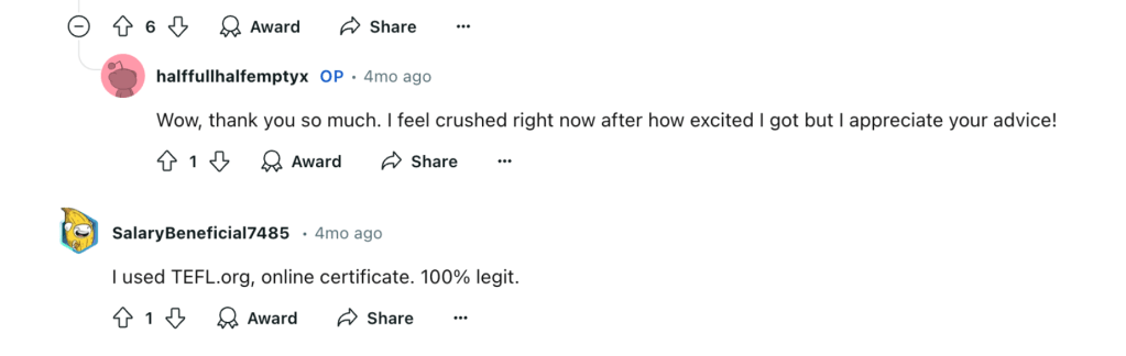 "I used TEFL.org, online certificate. 100% legit" - r/TEFL Reddit post