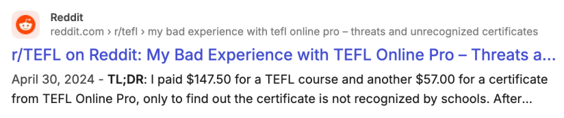 "My Bad Experience with TEFL Online Pro" - r/TEFL Reddit post