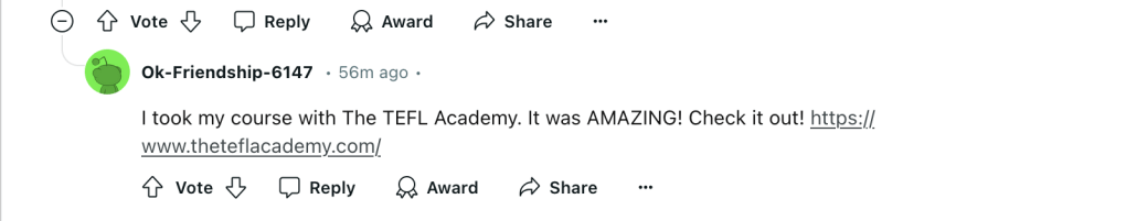 "The TEFL Academy. It was AMAZING!" - r/TEFL Reddit post